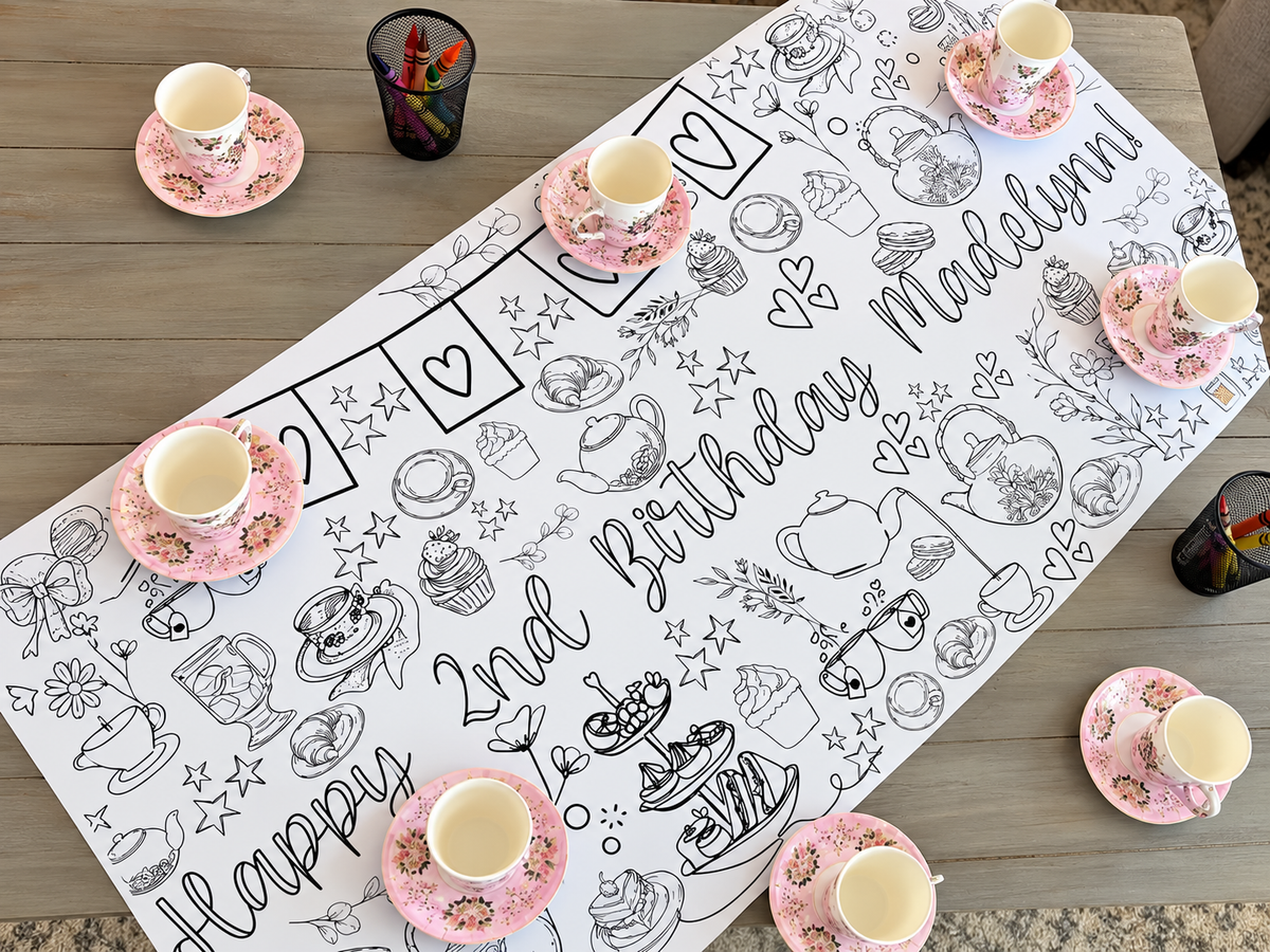 Personalized tea party coloring banner with pink floral teacups