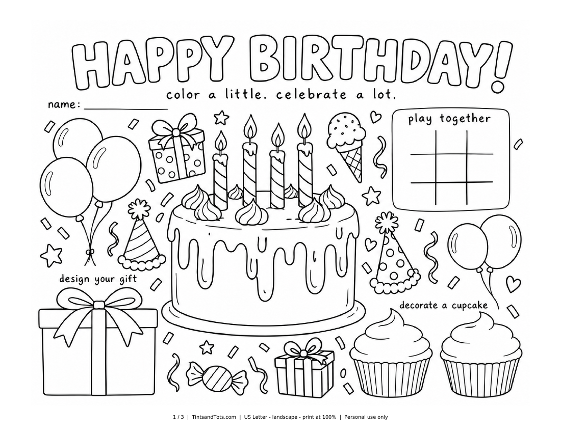Birthday coloring placemat with cake, gifts, balloons and activities