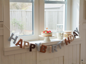 Boho Felt Happy Birthday Garland – 100% Wool, Neutral Pre-Strung Party Banner