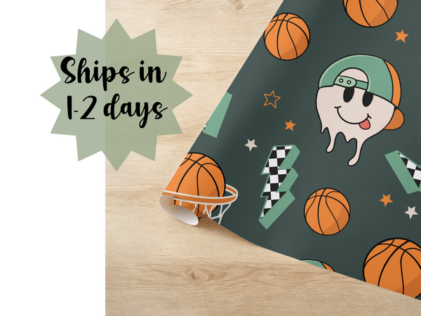 Basketball-Themed Wrapping Paper with Fun Cartoon Design