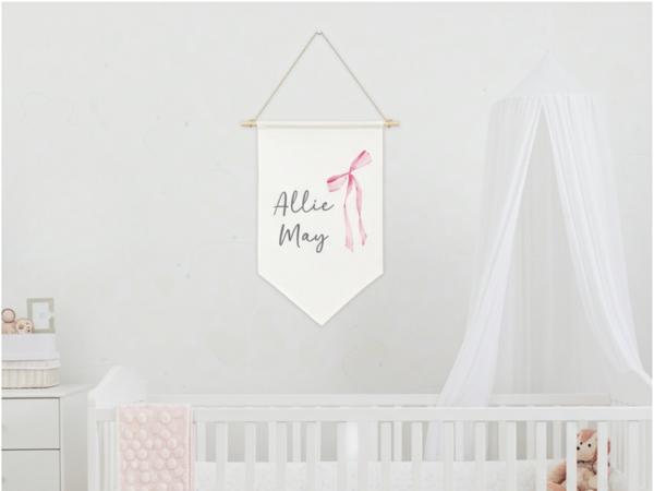 Personalized Fabric Pink Coquette Bow Canvas Wall Hanging Sign Banner Boho Custom First Name Middle Pennant Nursery Stick Wooden Baby Shower