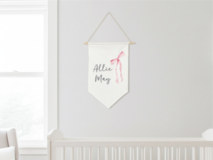 Personalized Fabric Pink Coquette Bow Canvas Wall Hanging Sign Banner Boho Custom First Name Middle Pennant Nursery Stick Wooden Baby Shower