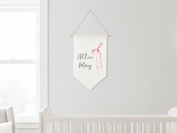 Personalized Fabric Pink Coquette Bow Canvas Wall Hanging Sign Banner Boho Custom First Name Middle Pennant Nursery Stick Wooden Baby Shower