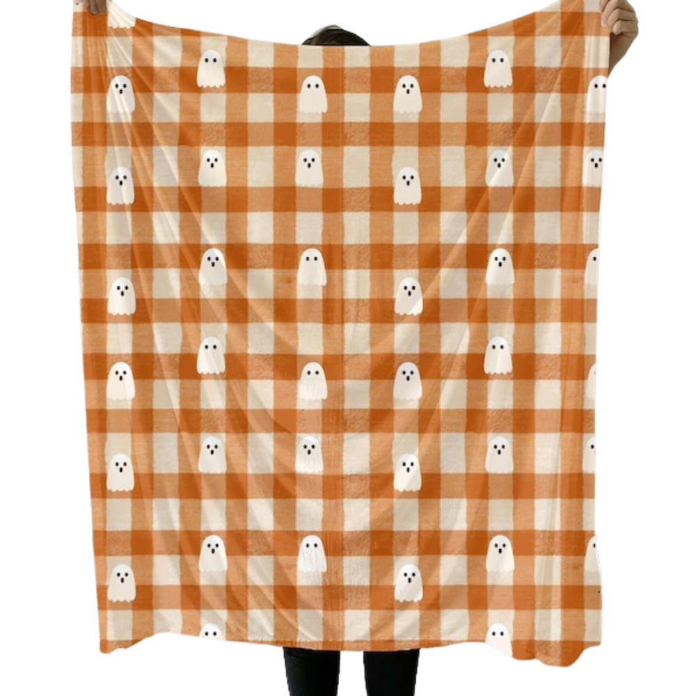 Halloween Burnt Orange Pumpkin Throw Blanket – Cozy Sherpa Plush Blanket, Cute Ghost Gingham Fall Decor