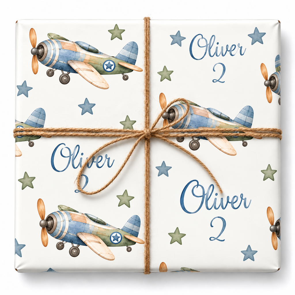 Vintage Airplanes Personalized Birthday Wrapping Paper with enlarged artwork and natural jute bow