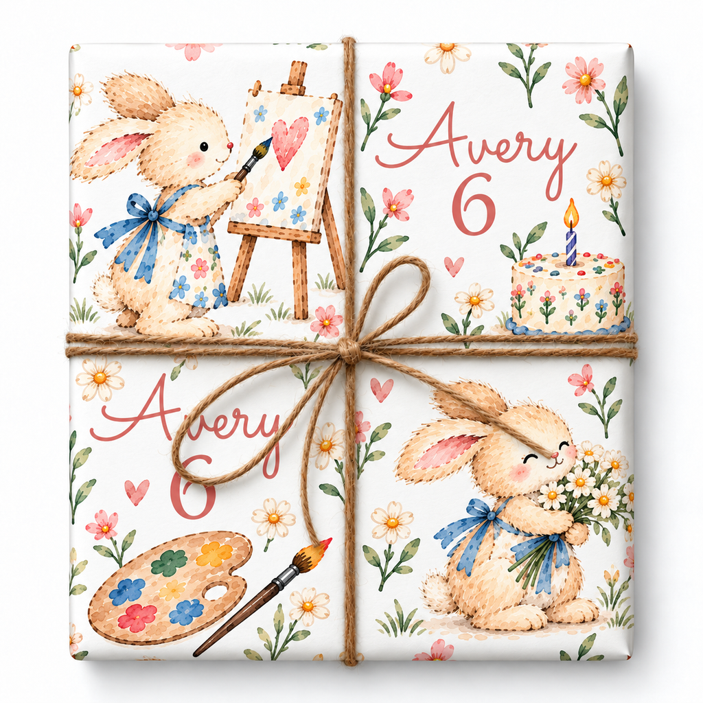 Art Party personalized gift wrap with large watercolor artwork and natural twine