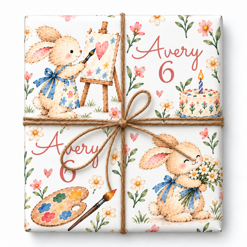 Art Party personalized gift wrap with large watercolor artwork and natural twine