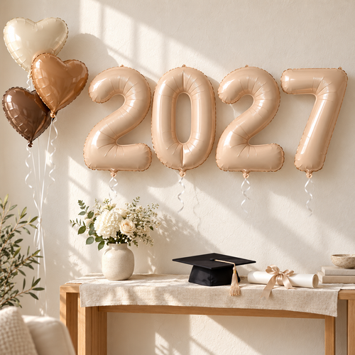 2027 beige balloons with three mixed hearts styled for graduation