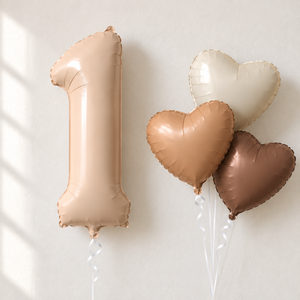 Beige number 1 foil balloon with three heart balloons in cream caramel and coffee