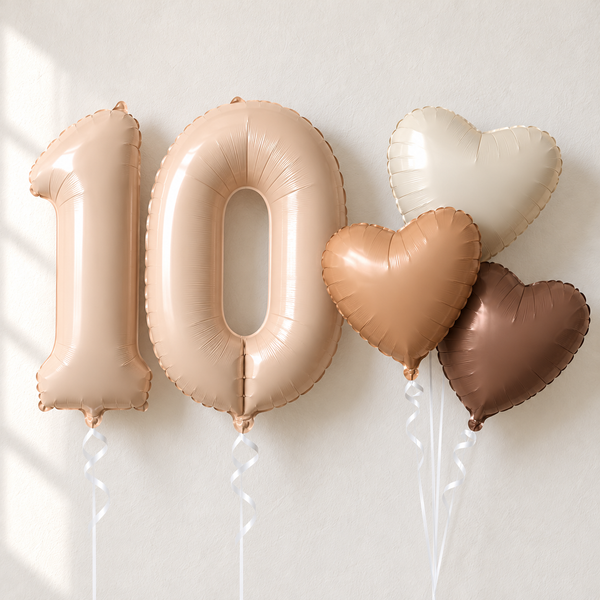 Beige number 10 foil balloons with three heart balloons in cream caramel and coffee