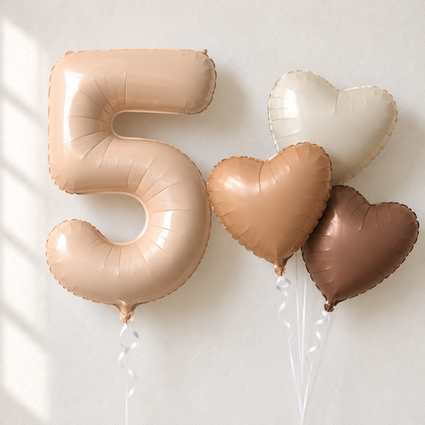 Beige number 5 foil balloon with three heart balloons in cream caramel and coffee
