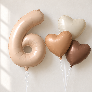 Beige number 6 foil balloon with three heart balloons in cream caramel and coffee