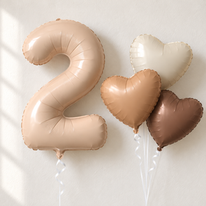 Beige number 2 foil balloon with three heart balloons in cream caramel and coffee