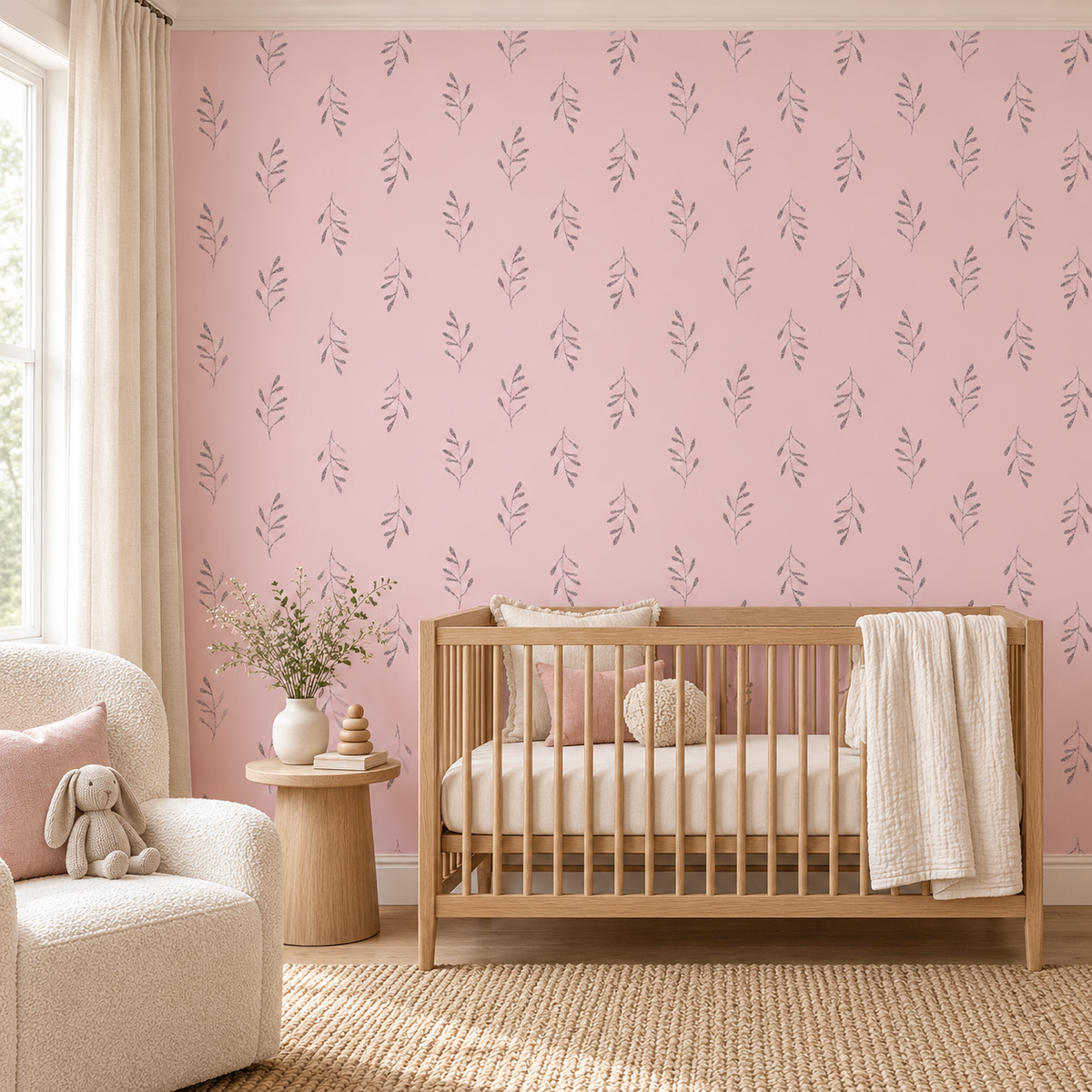 Blush botanical sprigs wallpaper with original larger print in a nursery