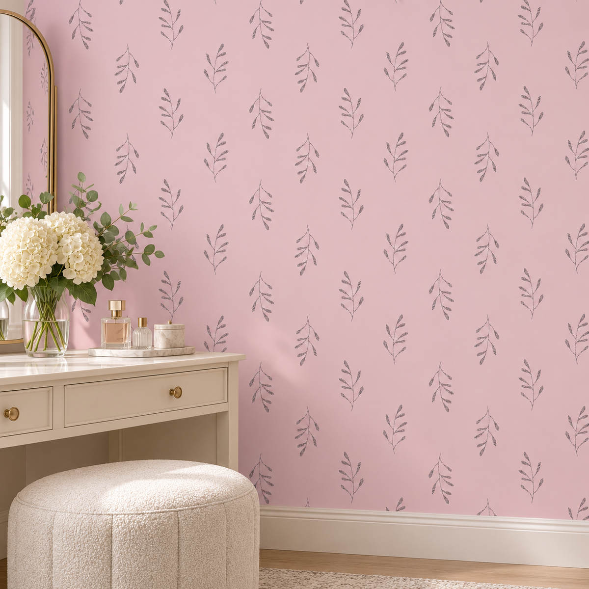 Original blush pink leaf sprig wallpaper beside an ivory vanity