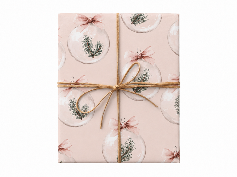 blush ornaments pine wrapping paper gift box with jute twine