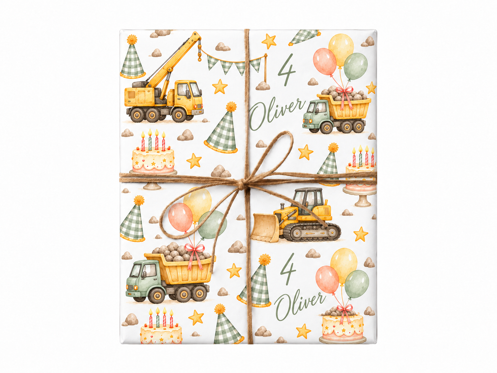 Personalized watercolor builder birthday gift wrap with the approved thin natural jute bow