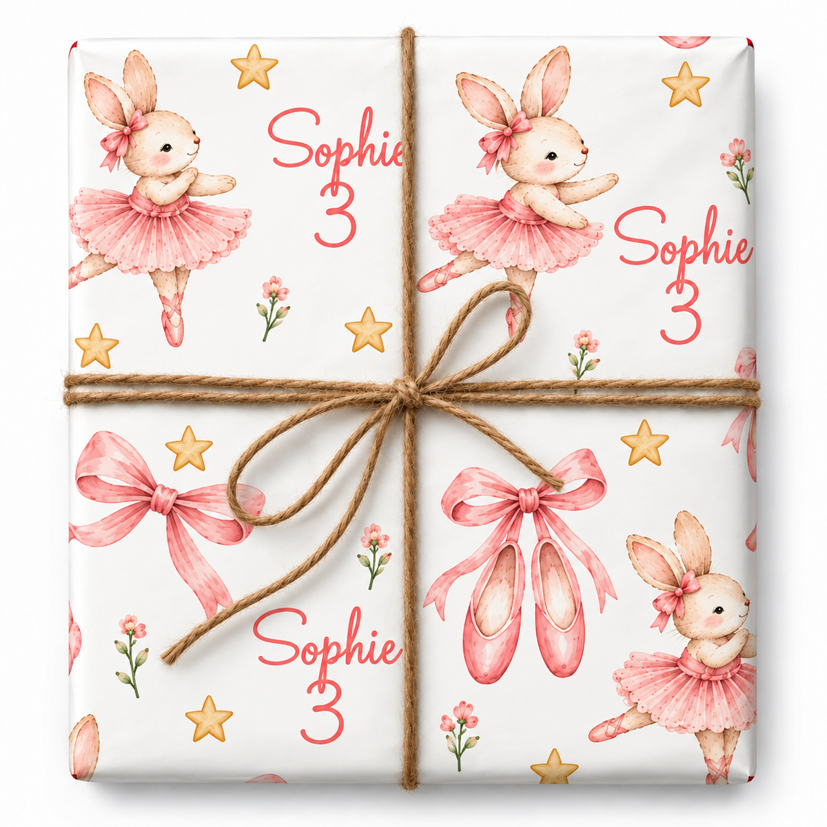 Ballet Bunnies Personalized Birthday Wrapping Paper with enlarged artwork and natural jute bow