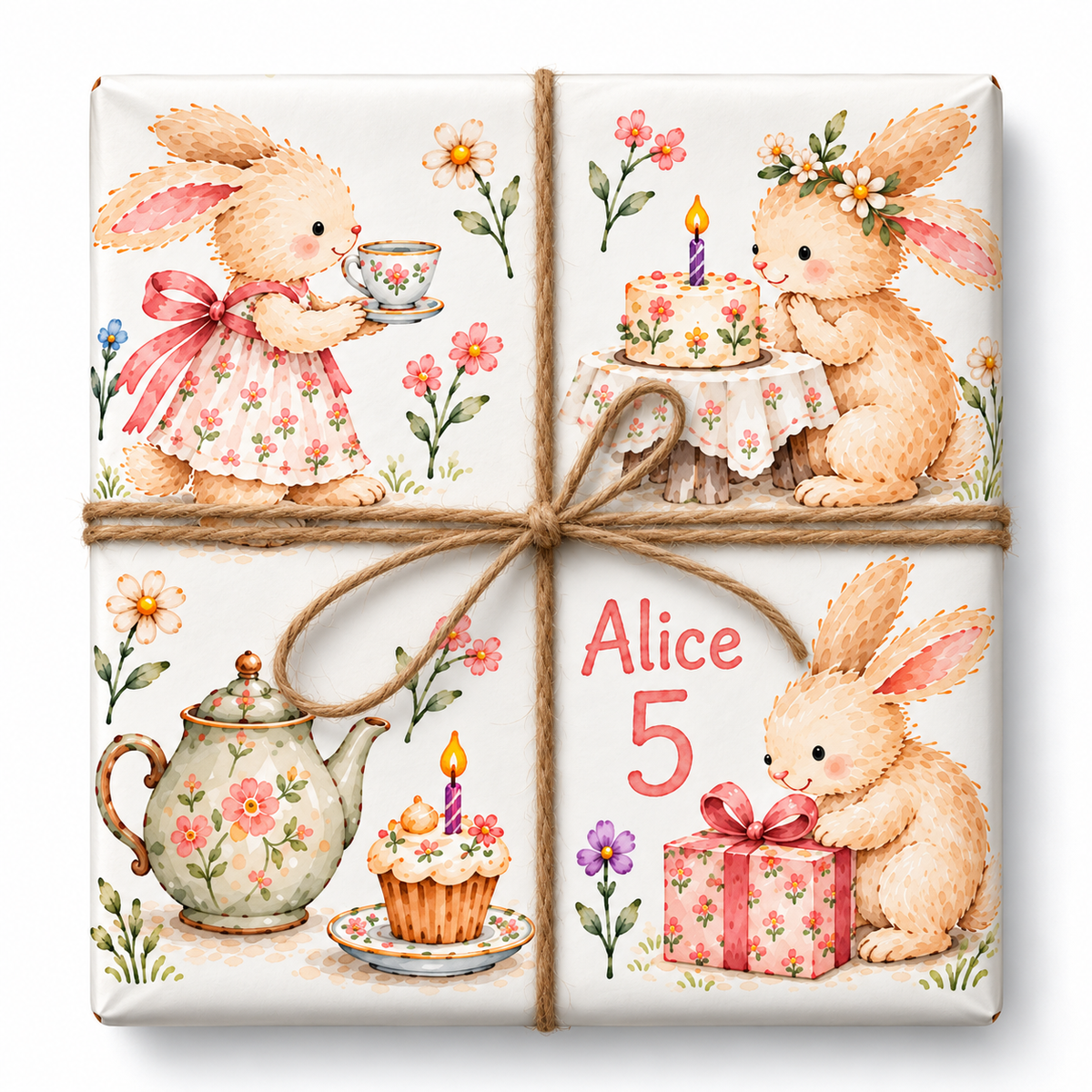 Bunny Tea Party Personalized Birthday Wrapping Paper styled with natural jute twine