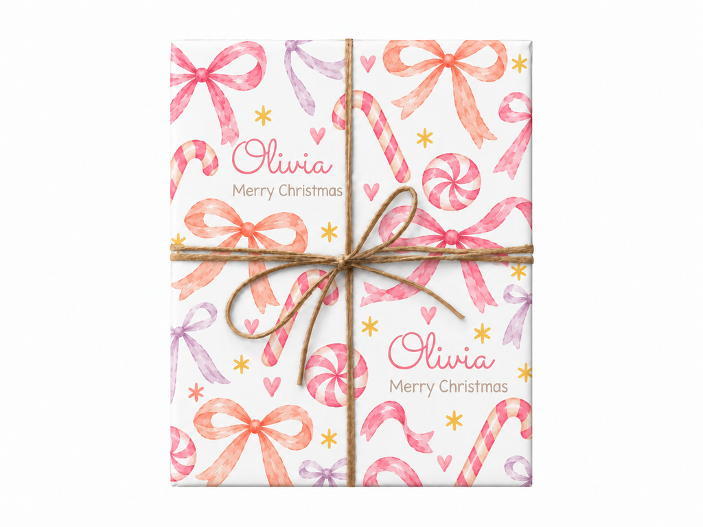Personalized Candy Bow Christmas Wrapping Paper with natural twine
