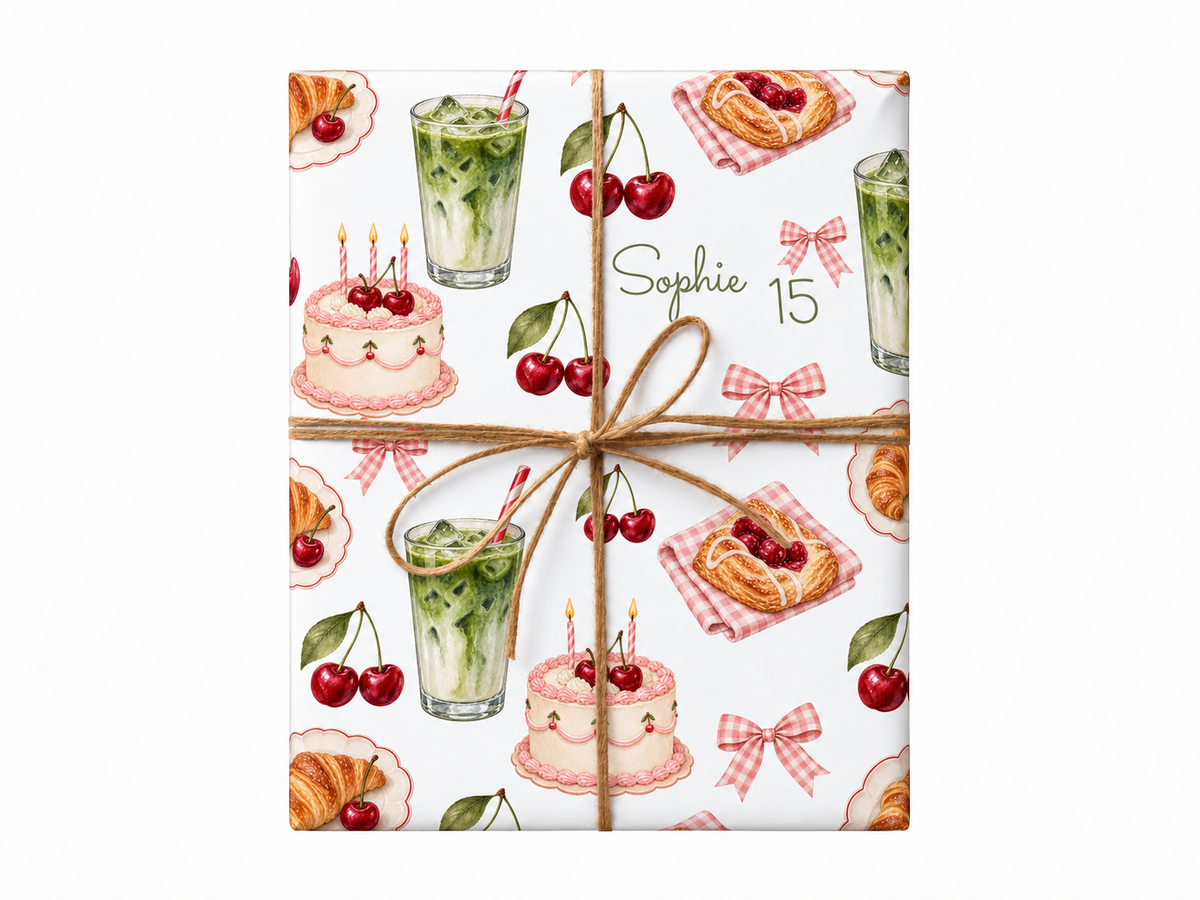 Cherry Café personalized birthday wrapping paper with natural jute twine, Sophie age 15