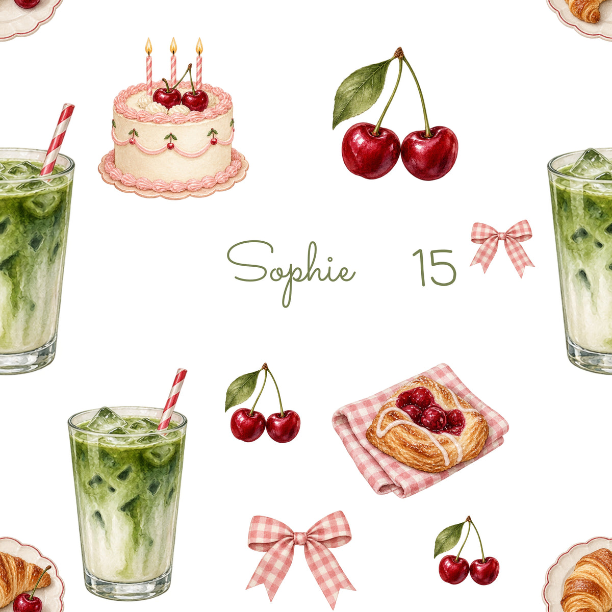 Seamless Cherry Café pattern with matcha, cherries, gingham bows, pastries and personalized name and age
