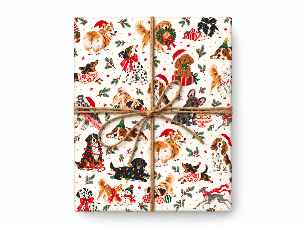 Christmas dogs gift wrap in our natural-twine mockup