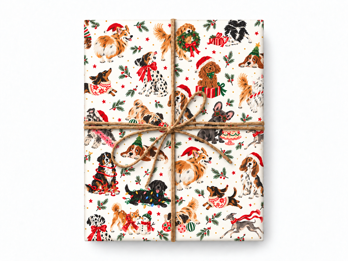 Christmas dogs gift wrap in our natural-twine mockup
