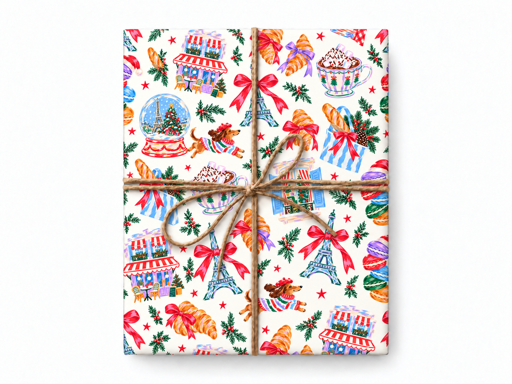 Christmas in Paris gift wrap in our natural-twine mockup