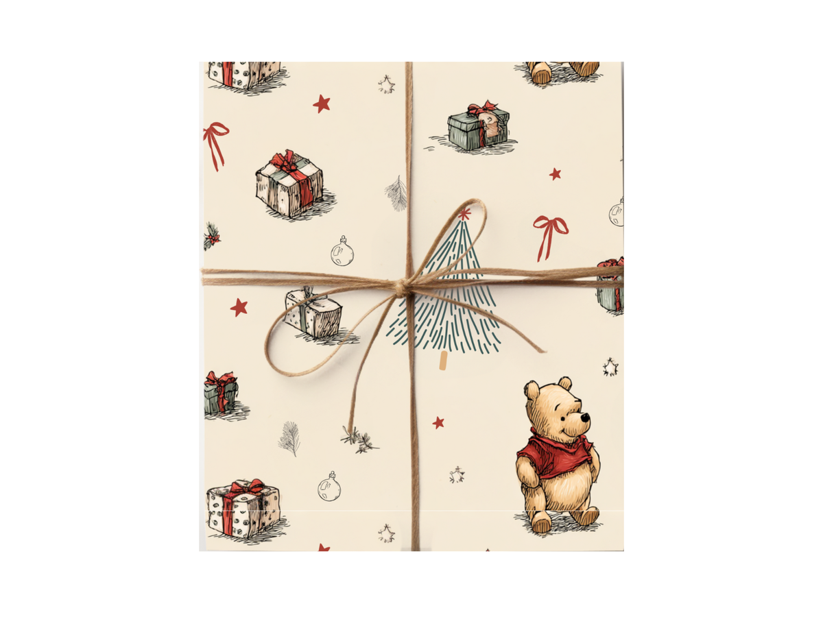 Christmas Pooh wrapping paper gift tied with natural twine
