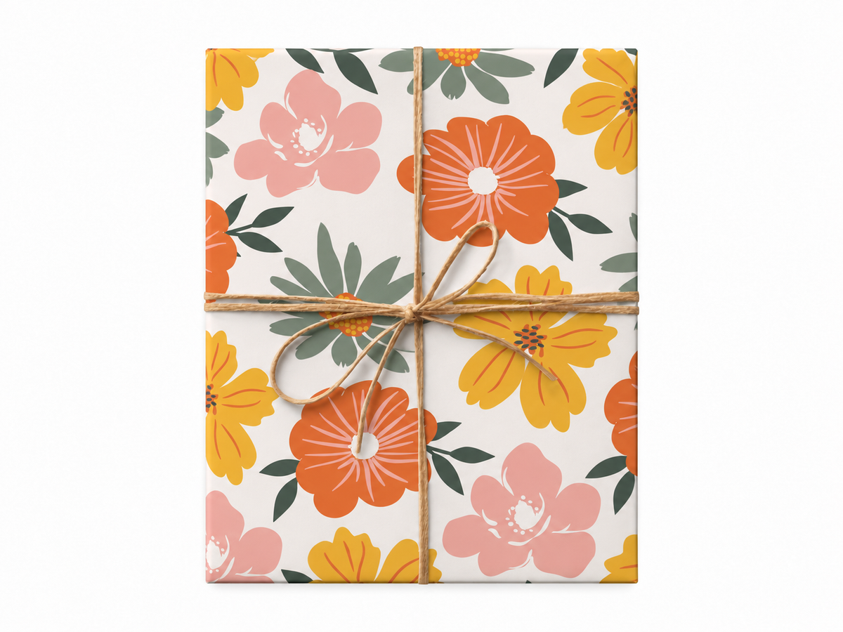 colorful wildflowers wrapping paper gift box with jute twine