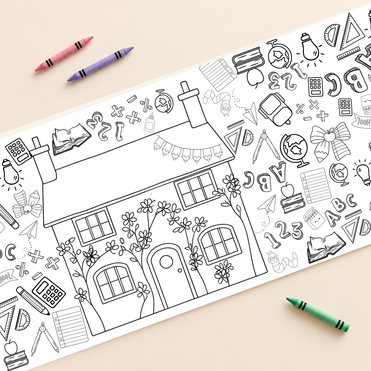 Schoolhouse Learning Coloring Banner — supplied close-up mockup
