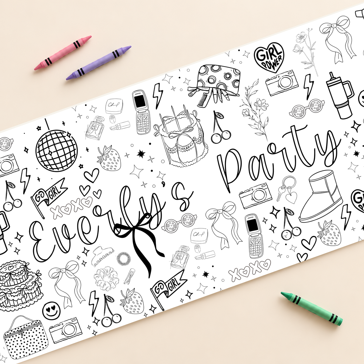 Personalized Girly Party Coloring Banner — supplied close-up mockup