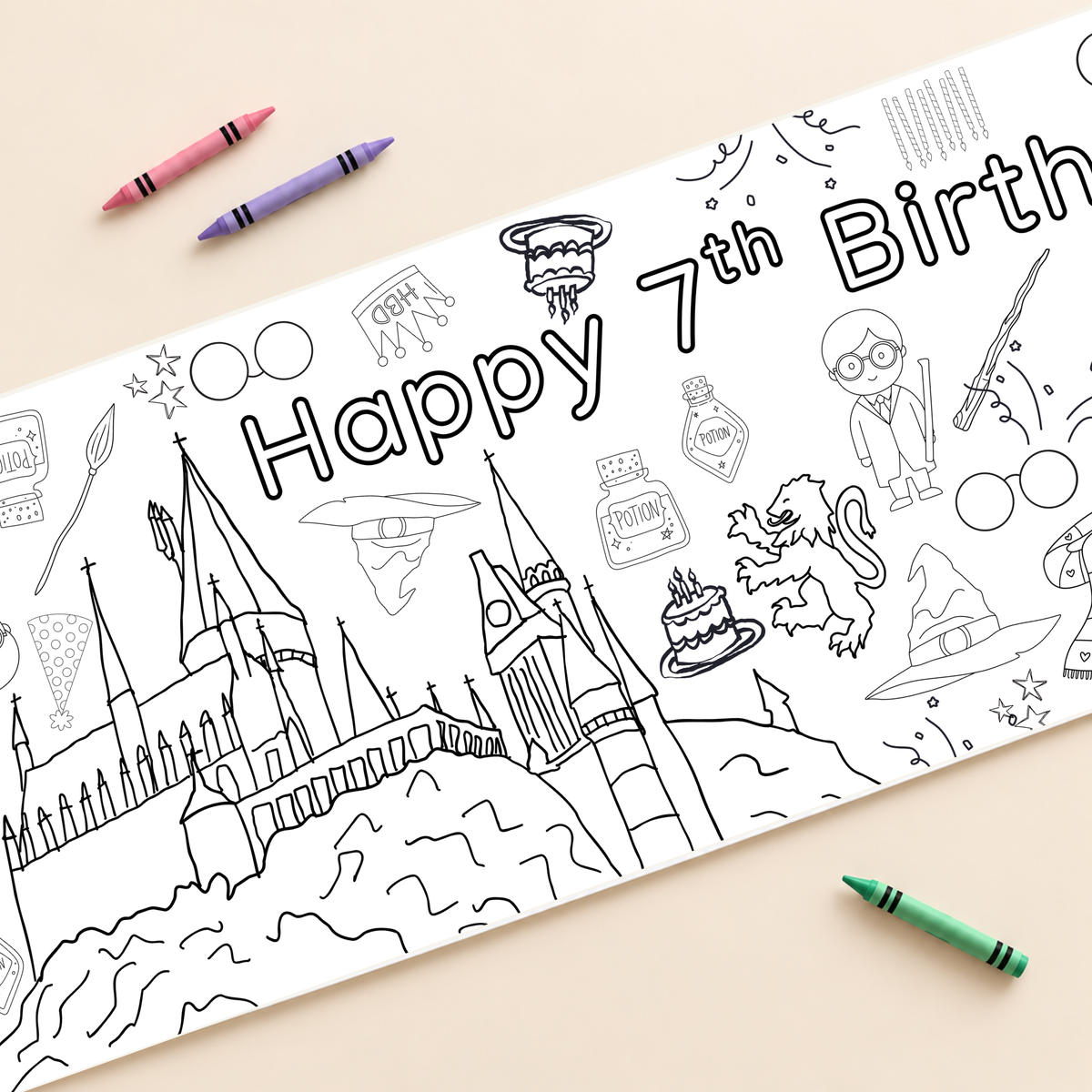 Personalized Wizard Birthday Coloring Banner — supplied close-up mockup
