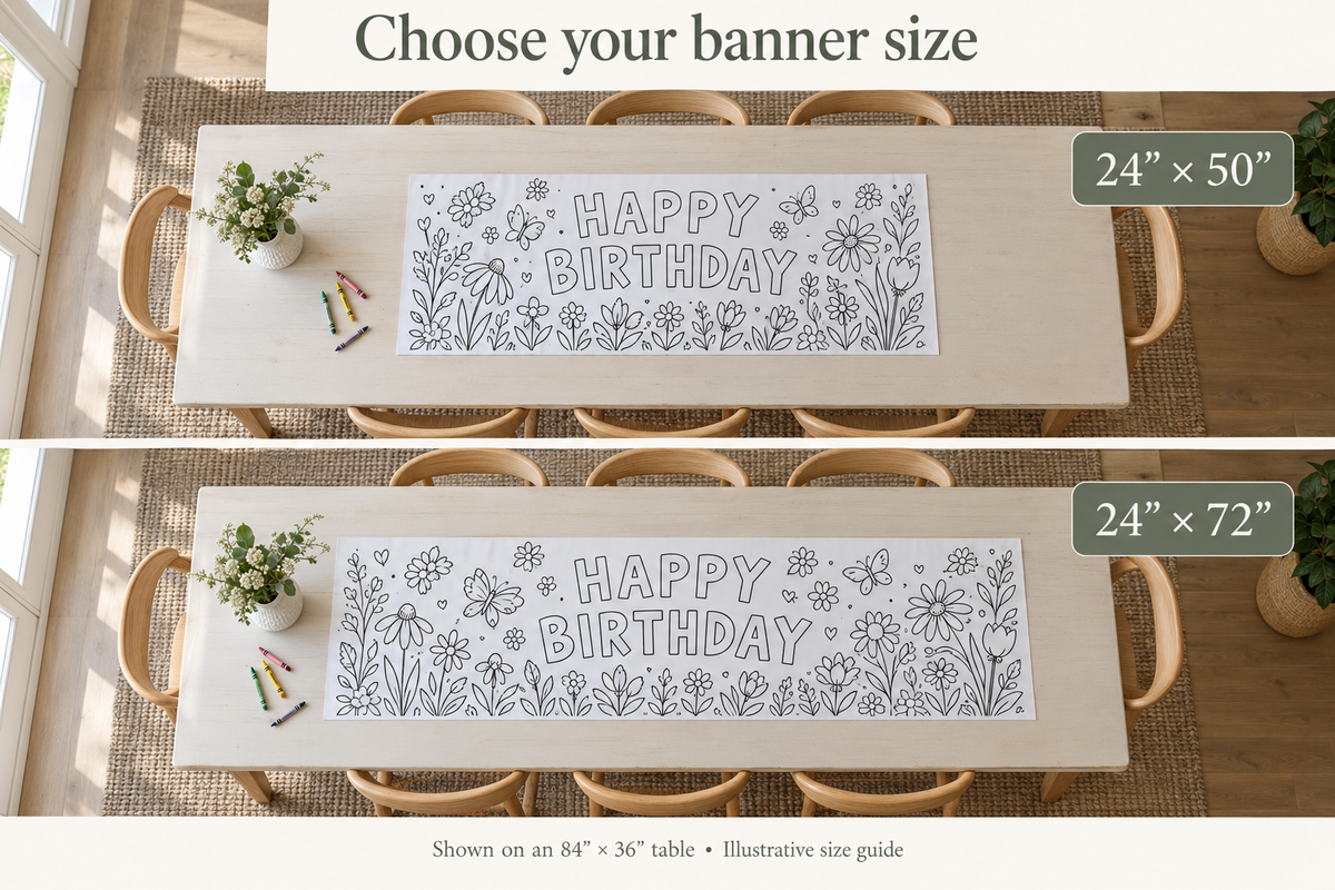 Illustrative size guide: 24 × 50 inch and 24 × 72 inch coloring banners on the same table. Example artwork; your selected design varies.