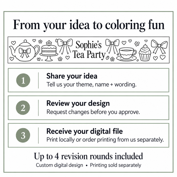 Share your theme and wording, review your design, then receive your digital file. Up to four revision rounds included.