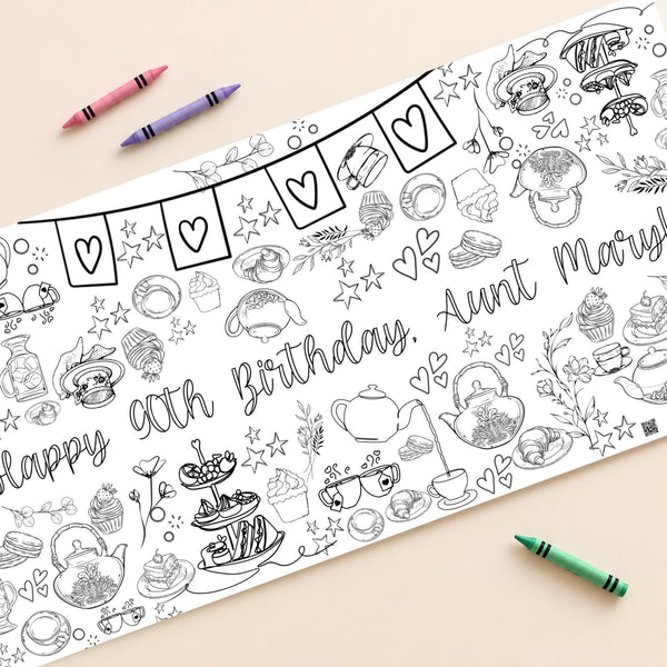 Example Tea Party banner artwork — custom digital design and print-ready PDF; physical printing optional
