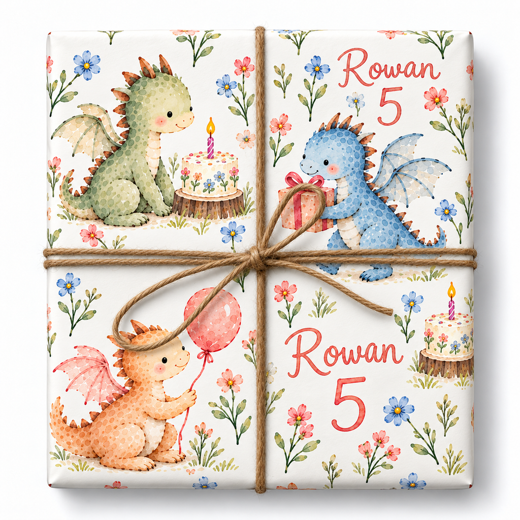 Friendly Dragon Birthday personalized gift wrap with large watercolor artwork and natural twine