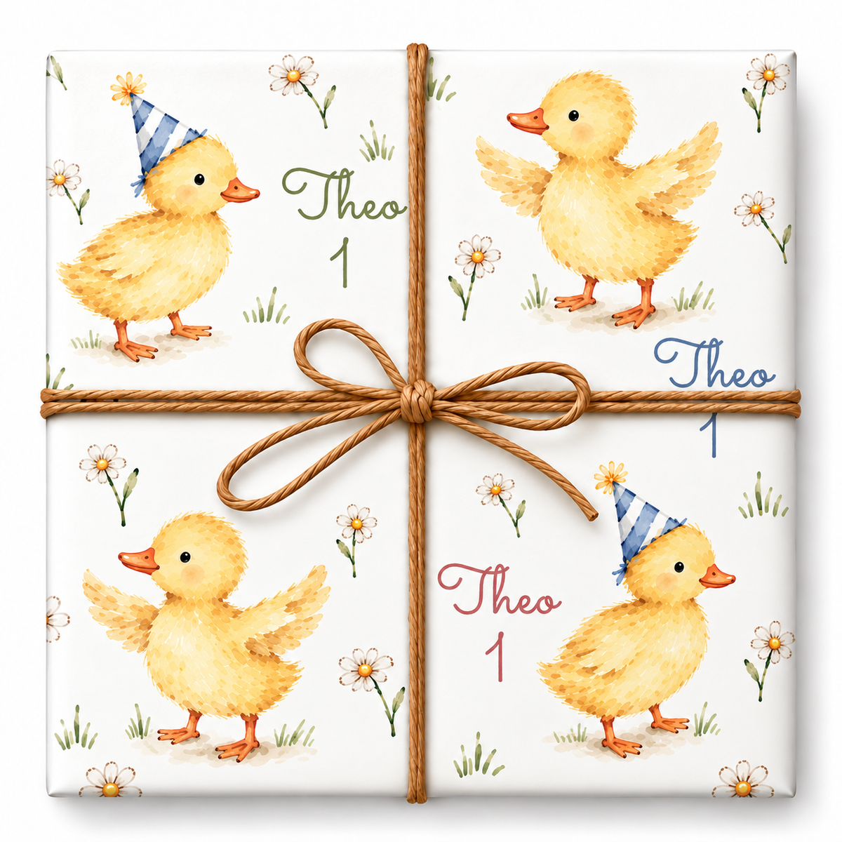 Birthday Ducklings Personalized Wrapping Paper with enlarged artwork and natural jute bow