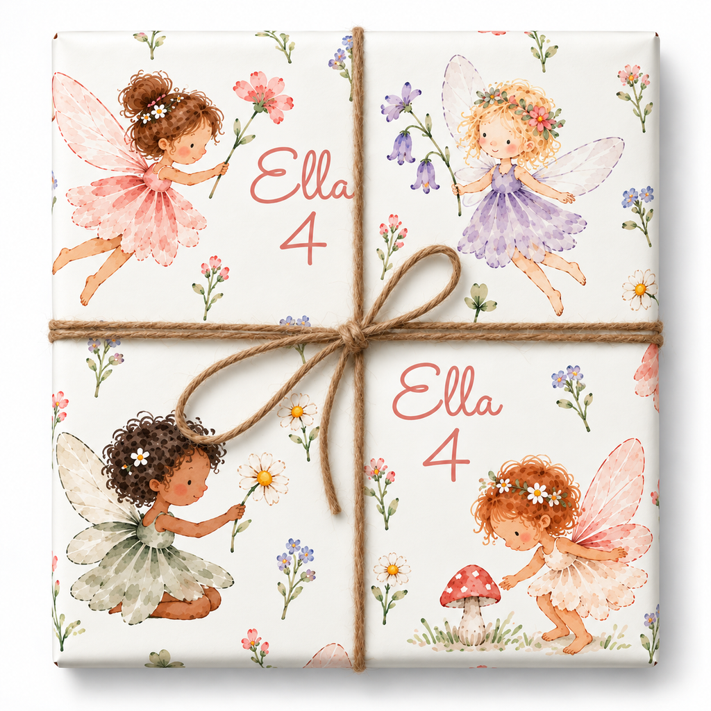 Garden Fairies Personalized Birthday Wrapping Paper with enlarged artwork and natural jute bow