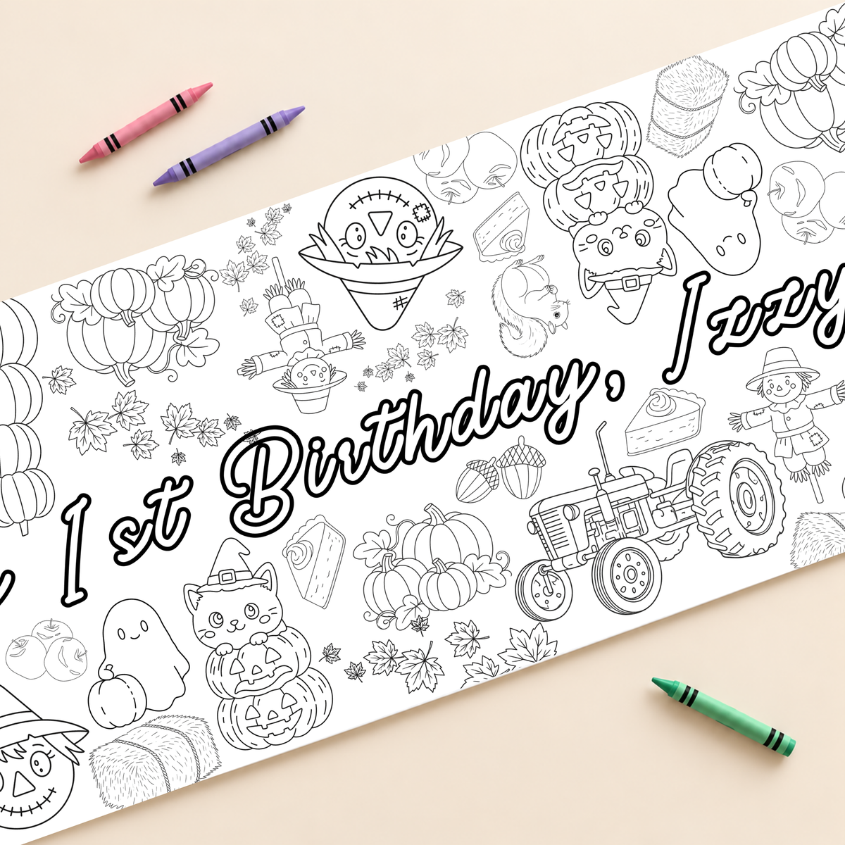 Fall Birthday Coloring Banner — customer-approved close-up mockup