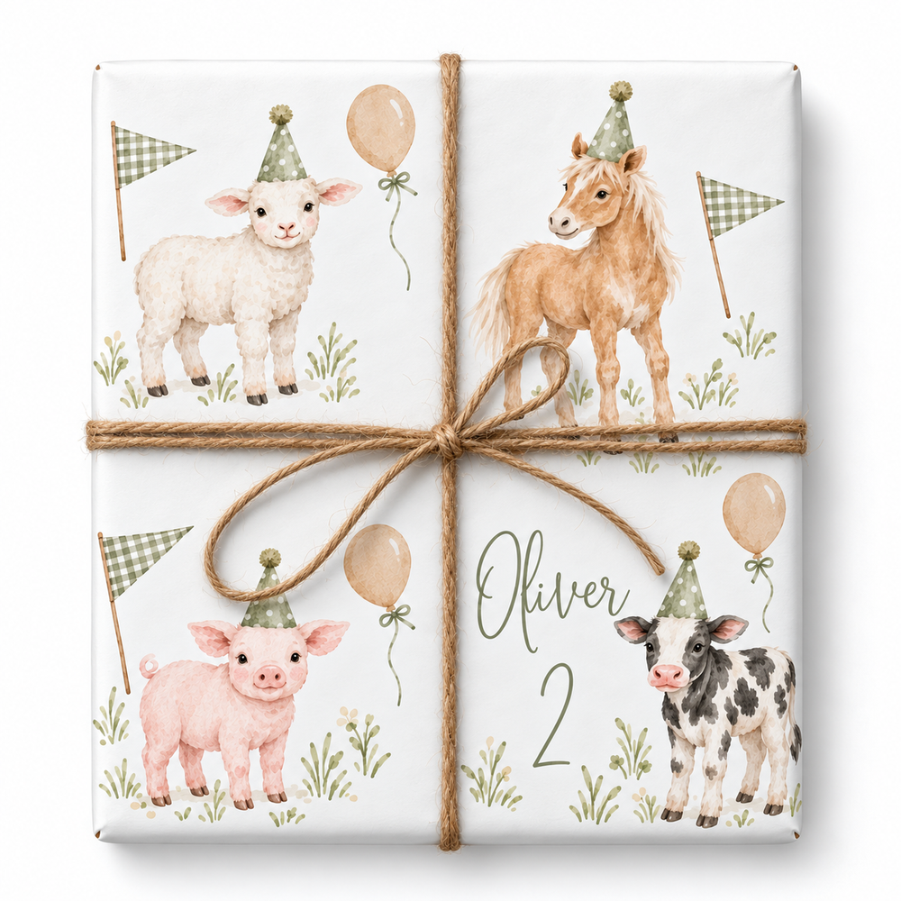 Farm Animal Party personalized wrapping paper with realistic natural jute twine