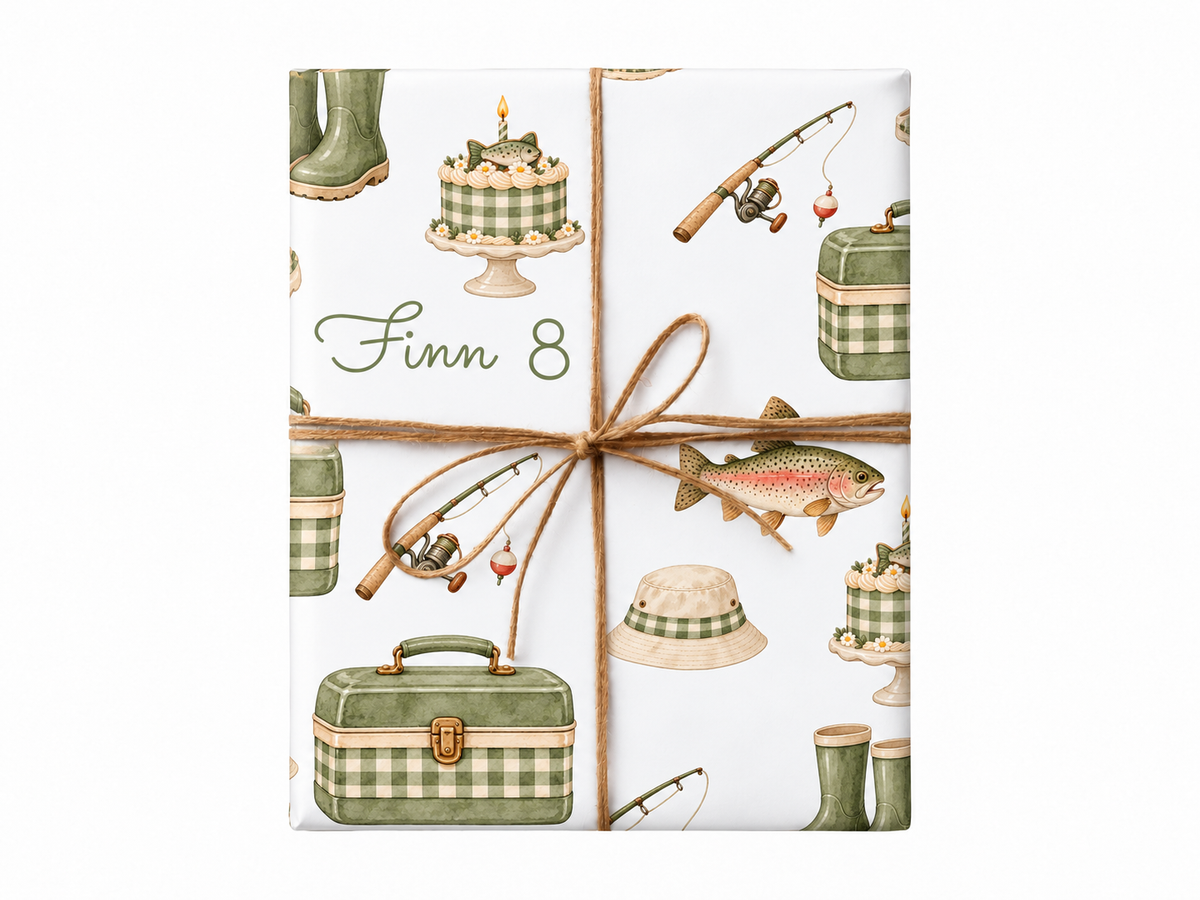 Personalized Fishing birthday wrapping paper with approved natural jute twine