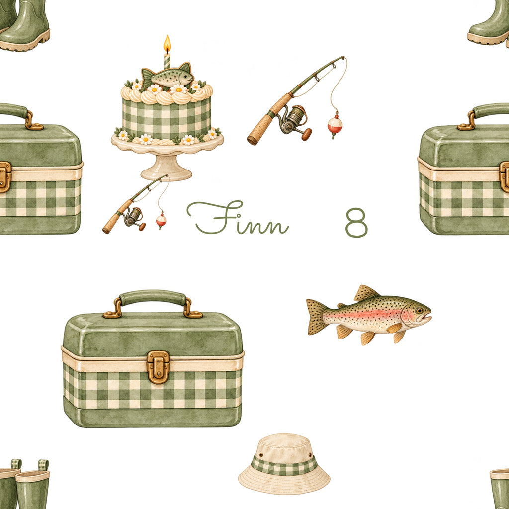 Seamless fishing birthday pattern detail with editable name and age