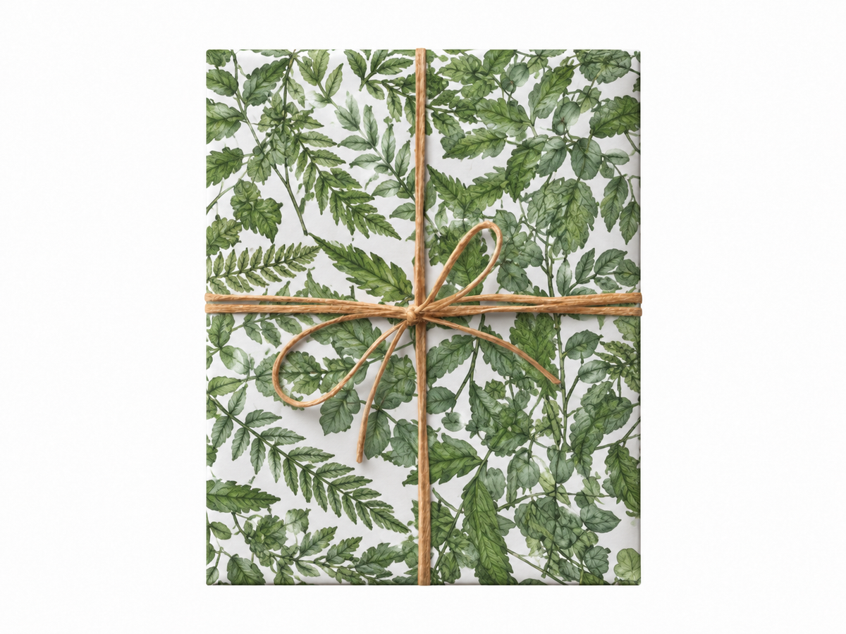 forest ferns wrapping paper gift box with jute twine