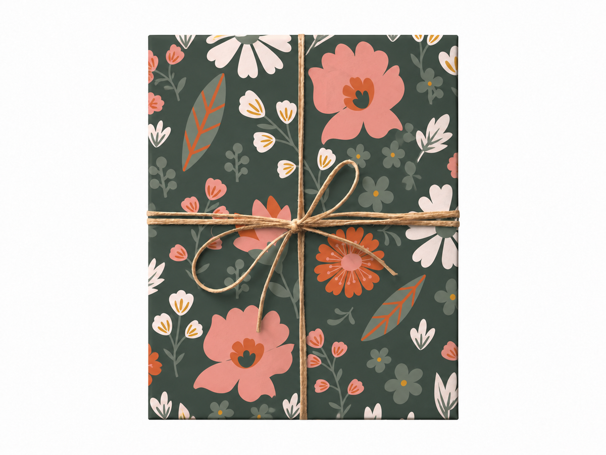 forest green wildflowers wrapping paper gift box with jute twine