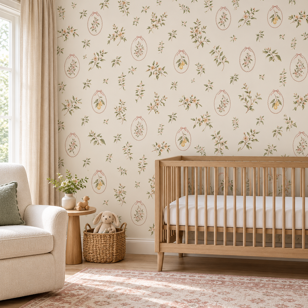 Framed botanical garden wallpaper styled in a nursery with an oak crib