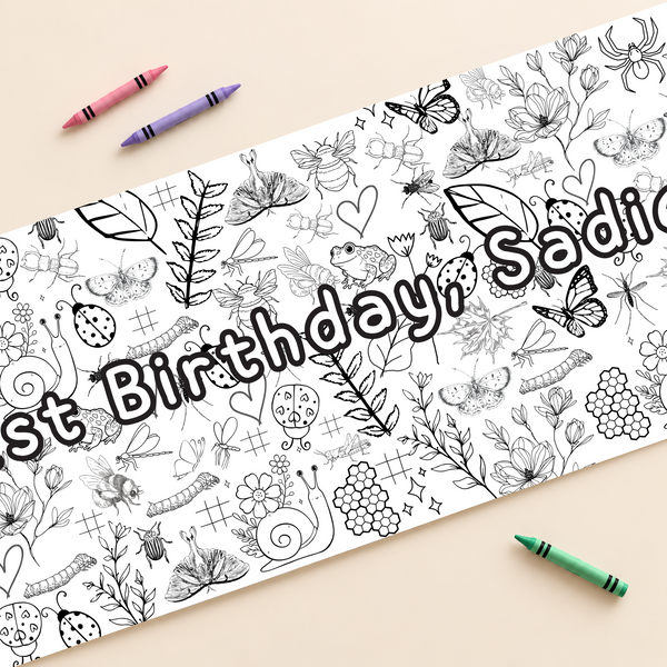 Garden bugs coloring banner with optional personalized text
