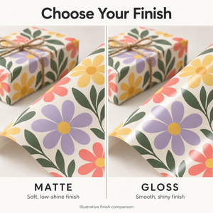 Matte and gloss gift wrap finish comparison — floral design