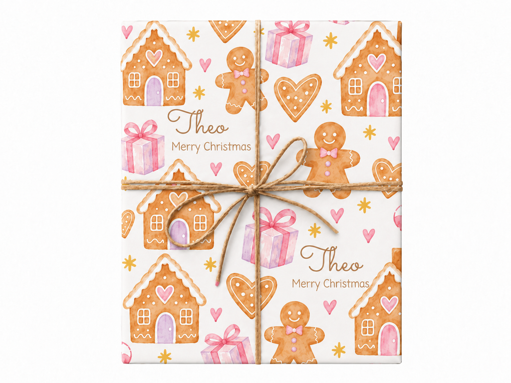 Personalized Gingerbread Wishes Christmas Wrapping Paper with natural twine